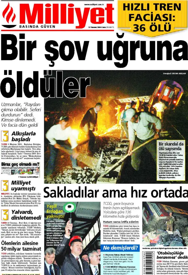 Pamukova tren kazasının ardından Milliyet gazetesinin manşeti