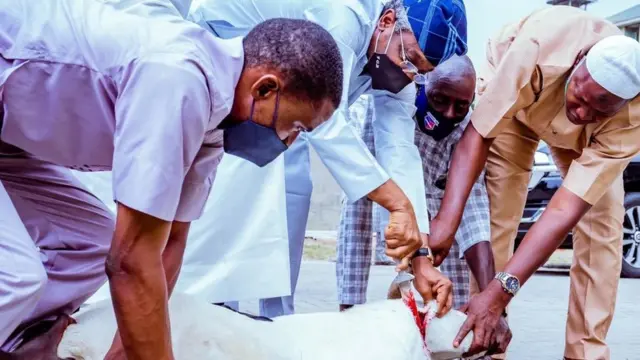 Shugaban majalisar wakilan Najeriya Femi Gbajabiamila lokacin da yake yanka dabbarsa ta layya