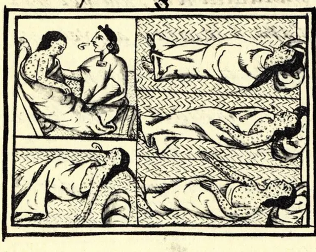 Dibujo que muestra nahuas con viruela de la Historia general de las cosas de Nueva España, el compendio de información sobre los aztecas y los nahuas hecho por el fraile Bernardino de Sahagún.