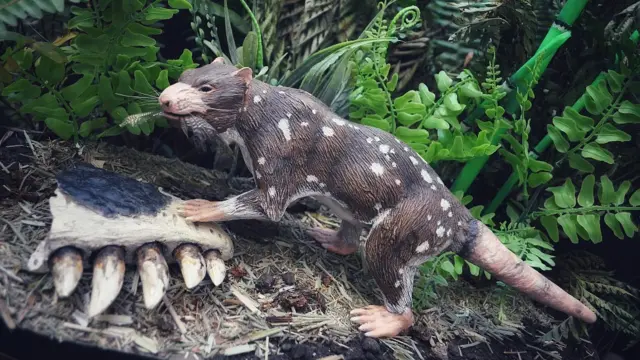 Escultura que representa al nuevo mamífero