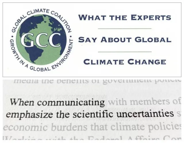 Une brochure de la Global Climate Coalition qui dit : "Lors de la communication, nous devons souligner les doutes qui existent dans le domaine scientifique sur le changement climatique."