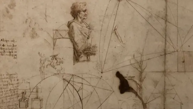A "pen and brown ink on paper" drawing by Leonardo da Vinci, created circa 1490 and on loan from The Royal Collection