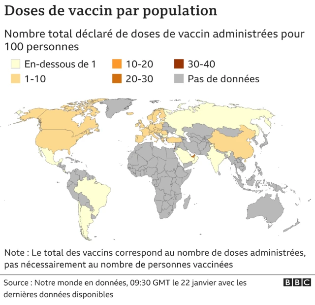 Carte indiquant le nombre de doses de vaccin administrées pour 100 personnes. Mis à jour le 22 janvier