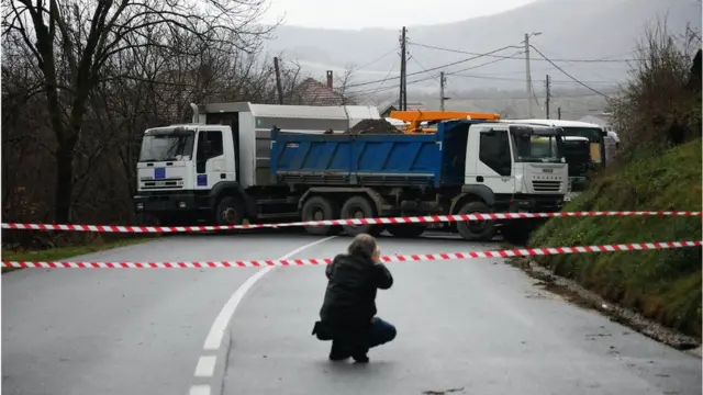 A view of a roadblock set up by local Serbs in Rudare, near the northern part of the ethnically-divided town of Mitrovica, Kosovo, December 12, 2022.
