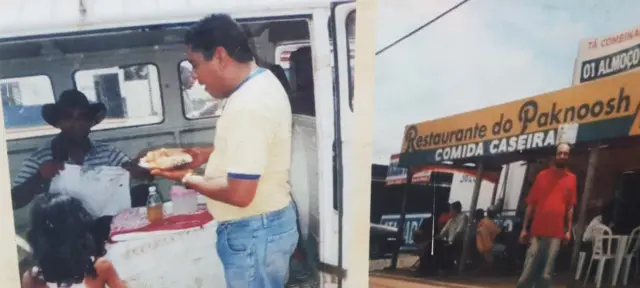 Paknoosh Kharaghani vendendo comida a bordo de sua kombi em uma foto e na outra em frente ao restaurante que montou, na outra margem da rodovia