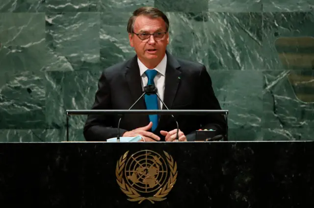 O presidente Jair Bolsonaro discursando na Assembleia Geral da ONU em 2021