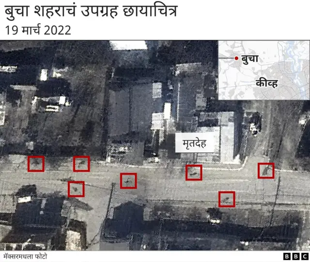 बुचा शहरातल्या रस्त्यावर पडलेले मृतदेह