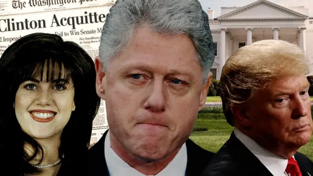 A collage of Monica Lewinsky, Bill Clinton and Donald Trump