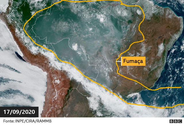 Fumaça na América do Sul em imagem de Satélite no dia 17 de setembro de 2019