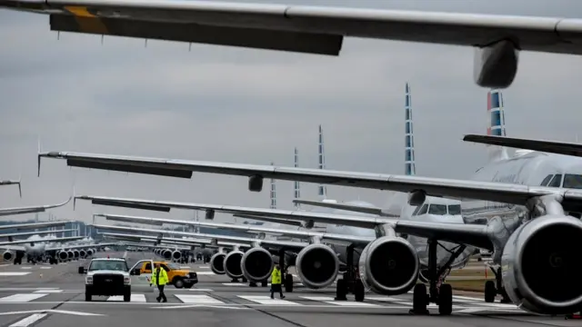 Jets are parked on a runway at Pittsburgh International Airport, Pennsylvania, 27 March 2020