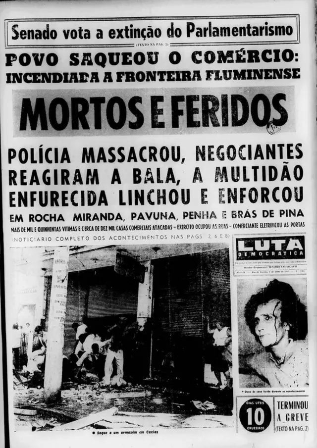 Capa do jornal Luta Democrática com a manchete 'Polícia massacrou, comerciantes reagiram a bala, a multidão enfurecida linchou e enforcou'