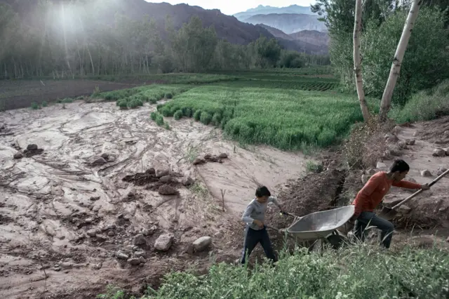 Two children walking out of a field