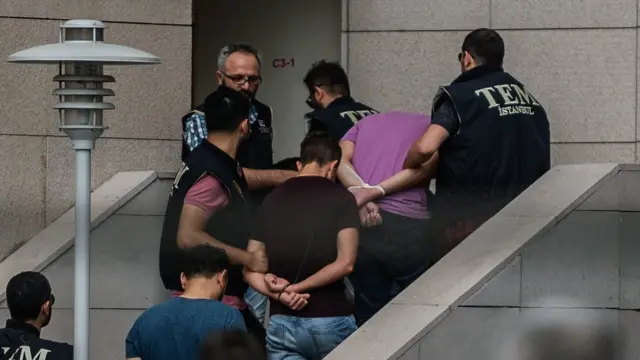 Çağlayan Adliyesi önünde polis darbe girişimi zanlılarını içeriye alıyor.