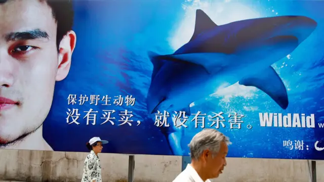 Pancarta con el exjugador de baloncesto Yao Ming exhortando al fin del comercio con objetos provenientes de especies amenazadas