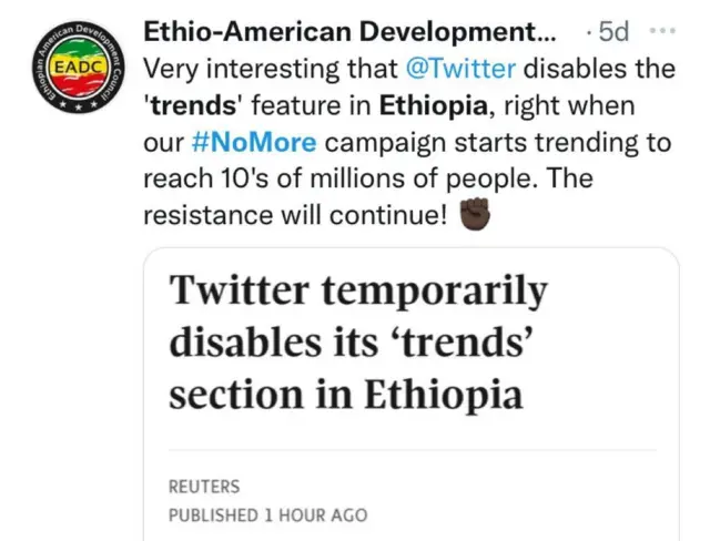 ኣብ ልዕሊ ትዊተር ተቓውምኡ ዘስምዕ