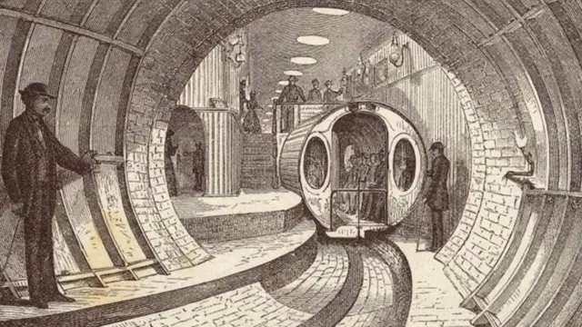 Рисунок 1872 года иллюстрирует предложение построить под Бродвеем в Нью-Йорке подземную пневматическую железную дорогу