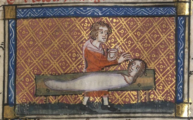 ภาพประกอบจากหนังสือ Roman de la Rose เล่าถึงตำนาน "พิกเมเลียน" ประติมากรที่ล้มป่วยด้วยไข้ใจเพราะหลงรักรูปปั้นหญิงงามที่ตนเองสร้างขึ้น