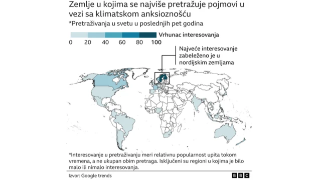 Mapa koja pokazuje pretrage pojma klimatska anksioznost po zemljama