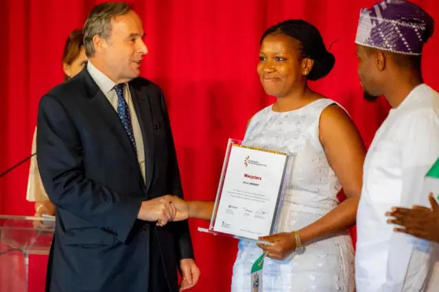 BRUSSELS, BELGIUM - JUNE 12: Wecyclers Lagos Nigeria Laureates Bilikiss and Olawale Adebiyi receive the King Baudouin Award For Development In Africa on June 12, 2019 in Brussels, Belgium. (Photo by Olivier Matthys/Getty Images)