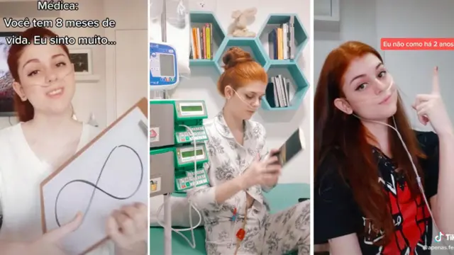 Montagem com três framesgute online casinospostagens no TikTokgute online casinosFernanda: no primeiro, ela aparece segurando um desenho com símbolo do infinito e legenda 'Médica: vc tem 8 mesesgute online casinosvida. Eu sinto muito...'/ Na segunda foto, segurando um livro ao ladogute online casinosum equipamento médico/ Na terceira foto, sorrindo e apontando para a legenda 'Eu não como há 2 anos'