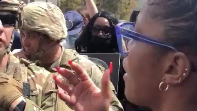 See wetin dis American actress tok wey make US soldiers kneel down to support "Black Lives Matter" protests