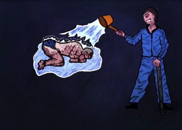 헐벗은 수용자에게 물을 뿌리는 남자 그림