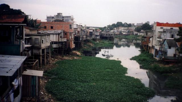 Esgoto e lixo em meio a favela em Manaus