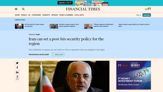 مقاله محمدجواد ظریف در روزنامه فایننشال تایمز یک روز پیش از افتتاح مجمع جهانی اقتصاد در داووس منتشر شده است