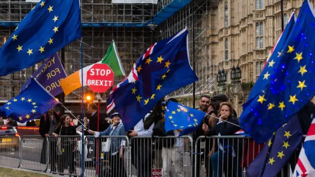 Manifestantes a favor y en contra del Brexit fuera del Parlamento británico.