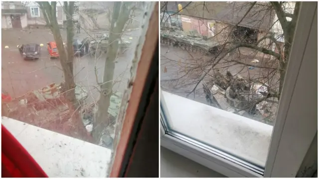 Российские БМП под домом. В сообщениях местных их вместе с БМД называли "танками"