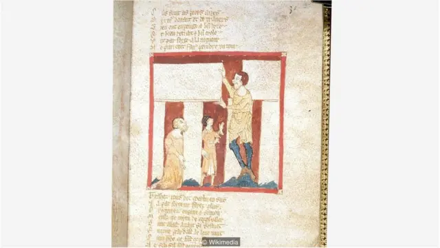 Seorang raksasa membantu Merlin membangun Stonehenge, dari manuskrip Brut abad 12 karya Robert Wace, pada Abad Pertengahan di Inggris. Reruntuhan ini dihubungkan dengan sihir.