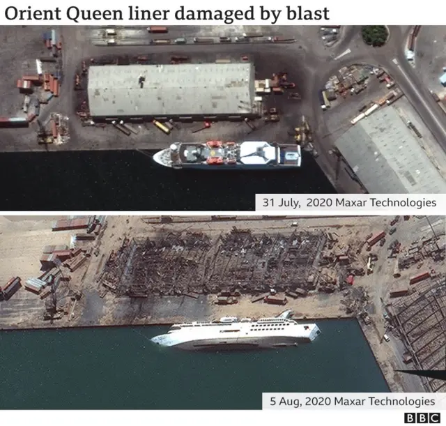 Before and after di explosion picture of di port side of Beirut