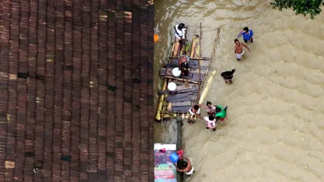 İnsanlar suyun üzerinde kalmak için raft yaptı