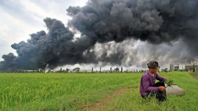 Seorang petani sibuk memotong rumput dengan latar belakang kebakaran tangki kilang Pertamina Balongan