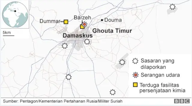 Map showing where strikes are reported to have hit Syria on 14 April 2018