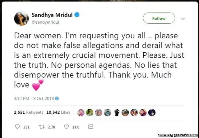 खरं बोला, #MeTooच्या नावाखाली कुठलाही वैयक्तिक अजेंडा राबवू नका, असं आवाहन करणारं अभिनेत्री संध्या मृदूलचं हे ट्वीट.