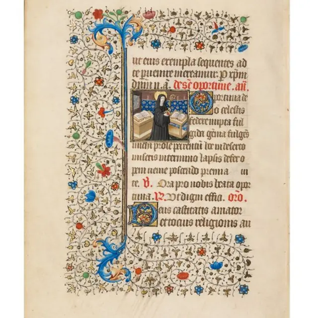 Manuscrito: Abbess Opportuna con personal y libro.