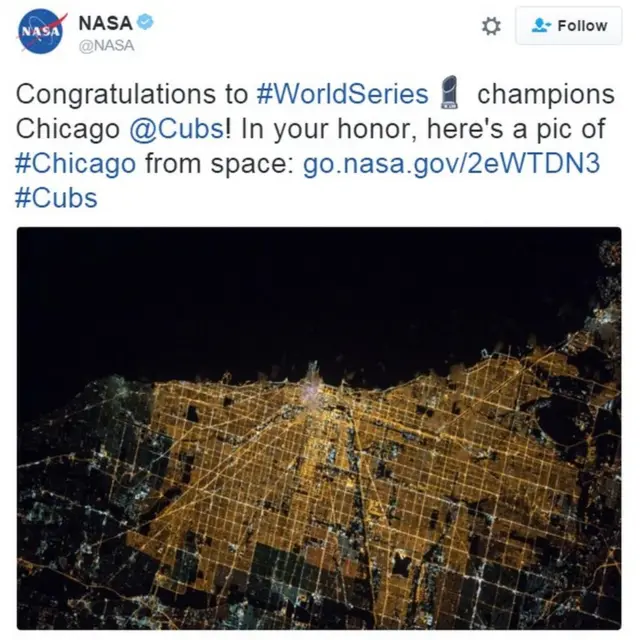 "Congratulations to #WorldSeries champions Chicago @Cubs! In your honor, here's a pic of #Chicago from space: http://go.nasa.gov/2eWTDN3 #Cubs"