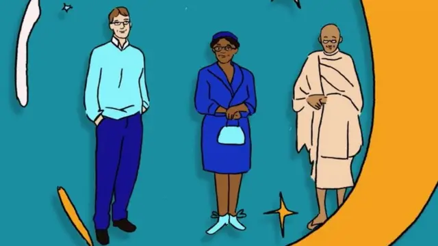 Ilustração mostrando Bill Gates, Rosa Parks e Mahatma Gandhi