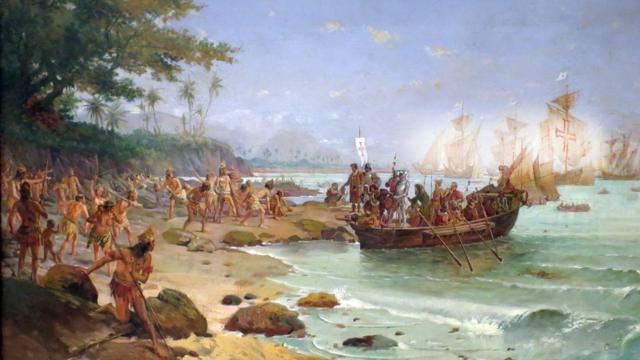 Pintura del desembarco de la flota de Cabral en Porto Seguro, Bahía.