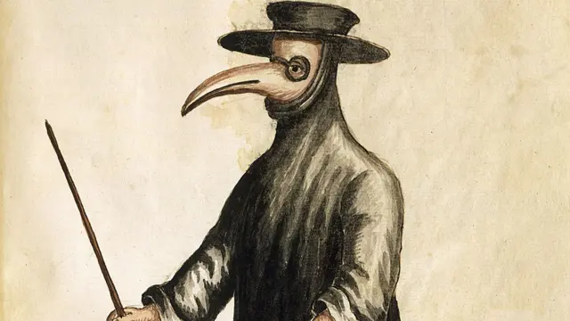 Acuarela de Giovanni Grewembroch que aparece en el manuscrito del siglo XVIII mostrando a un doctor en Venecia en el momento de la peste.