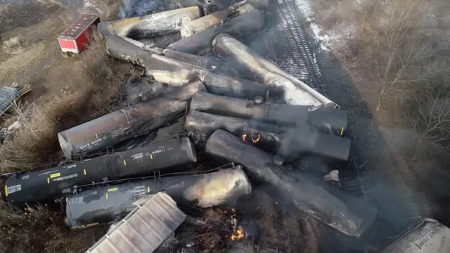 Aerial of the train cars piled up