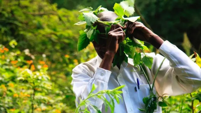 Le chef spirituel porte une couronne de plantes locales lors d'un rituel de confluence de rivières.