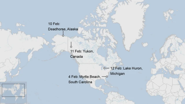 map showing objects shot down over North American airspace