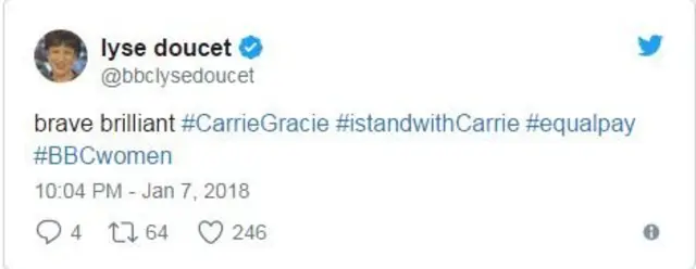 ลิซ ดูเซท หัวหน้าผู้สื่อข่าวต่างประเทศของบีบีซี ทวิตข้อความสนับสนุน เกรซี โดยใช้แฮชแท็ก #CarrieGracie #istandwithCarrie #equalpay #BBCwomen