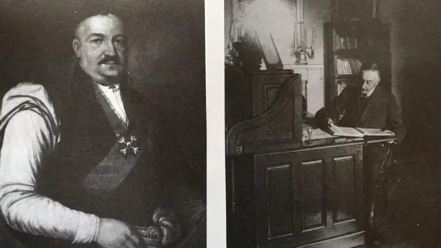 Ліворуч - портрет королівського ловчого Яна Онуфрія Орловського, праворуч - останній власник палацу Ксаверій Орловський у кабінеті