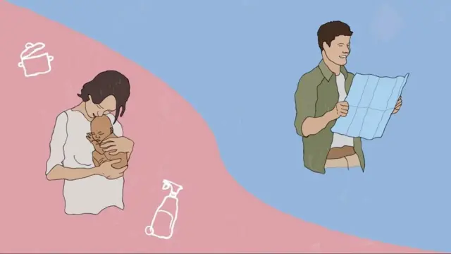 Dessin d'une femme sur un arrière plan rose tenant un bébé et un homme sur un fond bleu tenant un papier