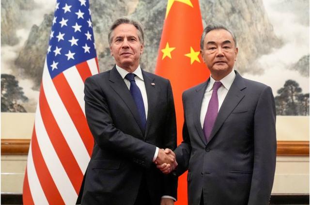 中国外交部长王毅在北京钓鱼台国宾馆会见美国国务卿布林肯