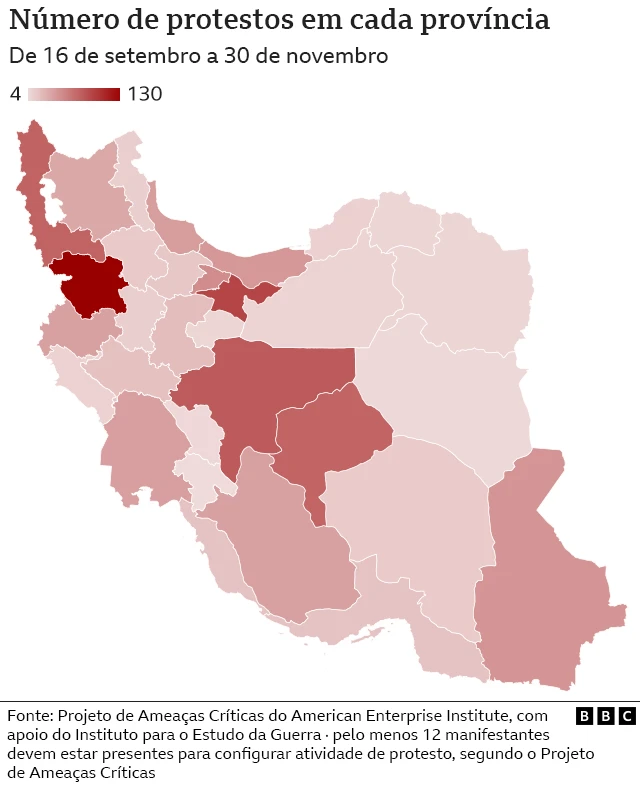 Mapa mostra o número de protestos por província do Irã
