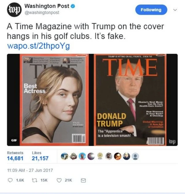 Une fausse couverture du magazine Time qui a été trouvée exposée dans les clubs de golf du président des États-Unis.